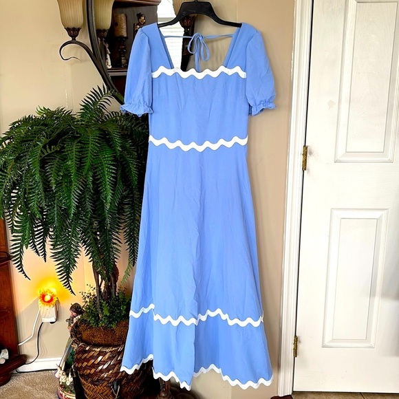 Brand New Blue Flowy Maxi Dress w/ White Ric Rac Tie Back Smocked Puff Sleeves - Picture 14 of 16